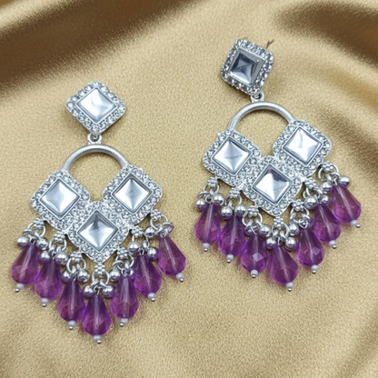 Elegant Silver Plated Chandelier Earrings Featuring Square Crystals and Purple Teardrop Beads