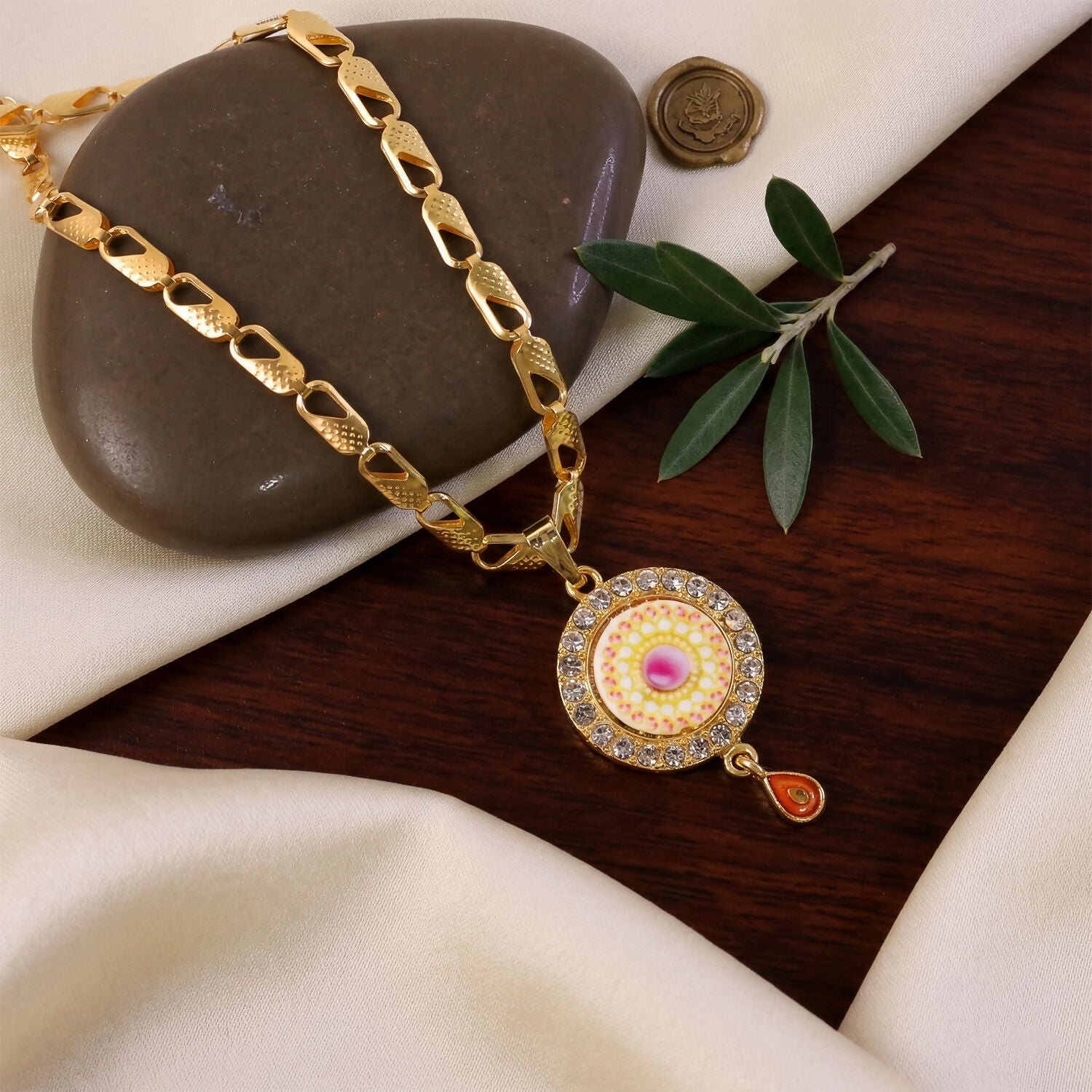 Gold Plated Pendant Necklace with Stone Studded Design