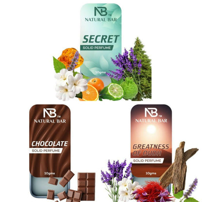 Natural Bar Secret, Chocolate And Greatness of Oud solid perfume(3pc/10gm)| Alcohol Free Cologne for Men & Women | Strong & Lasting Fragrance | Gifting Set for Him & Her
