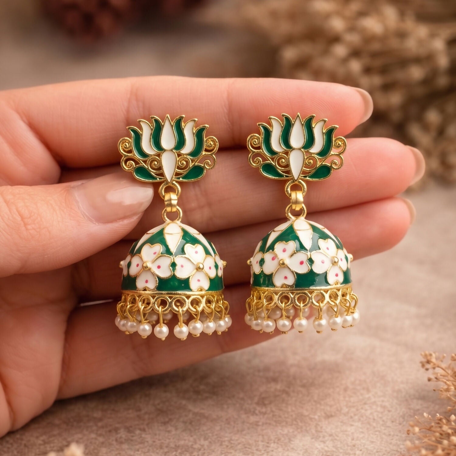 Green Lotus Jhumka Earrings with Pearl Beads for Women