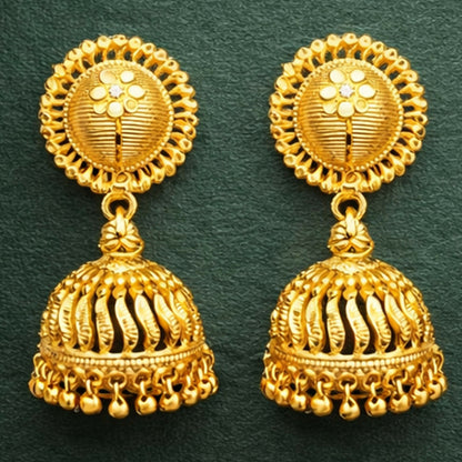 Front view of gold plated jhumka earrings with traditional temple design