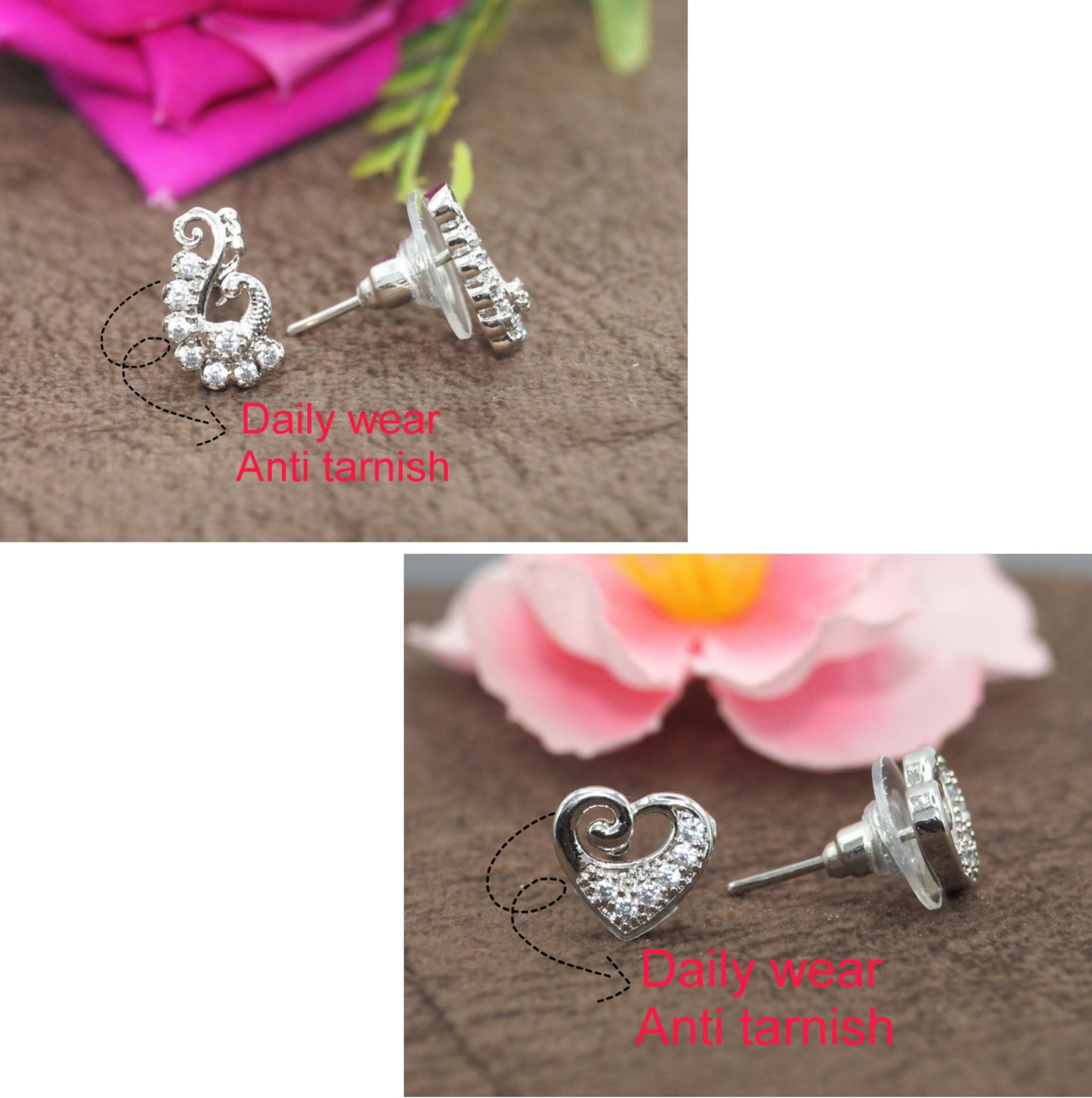 Top view of silver heart stud earrings with butterfly backs