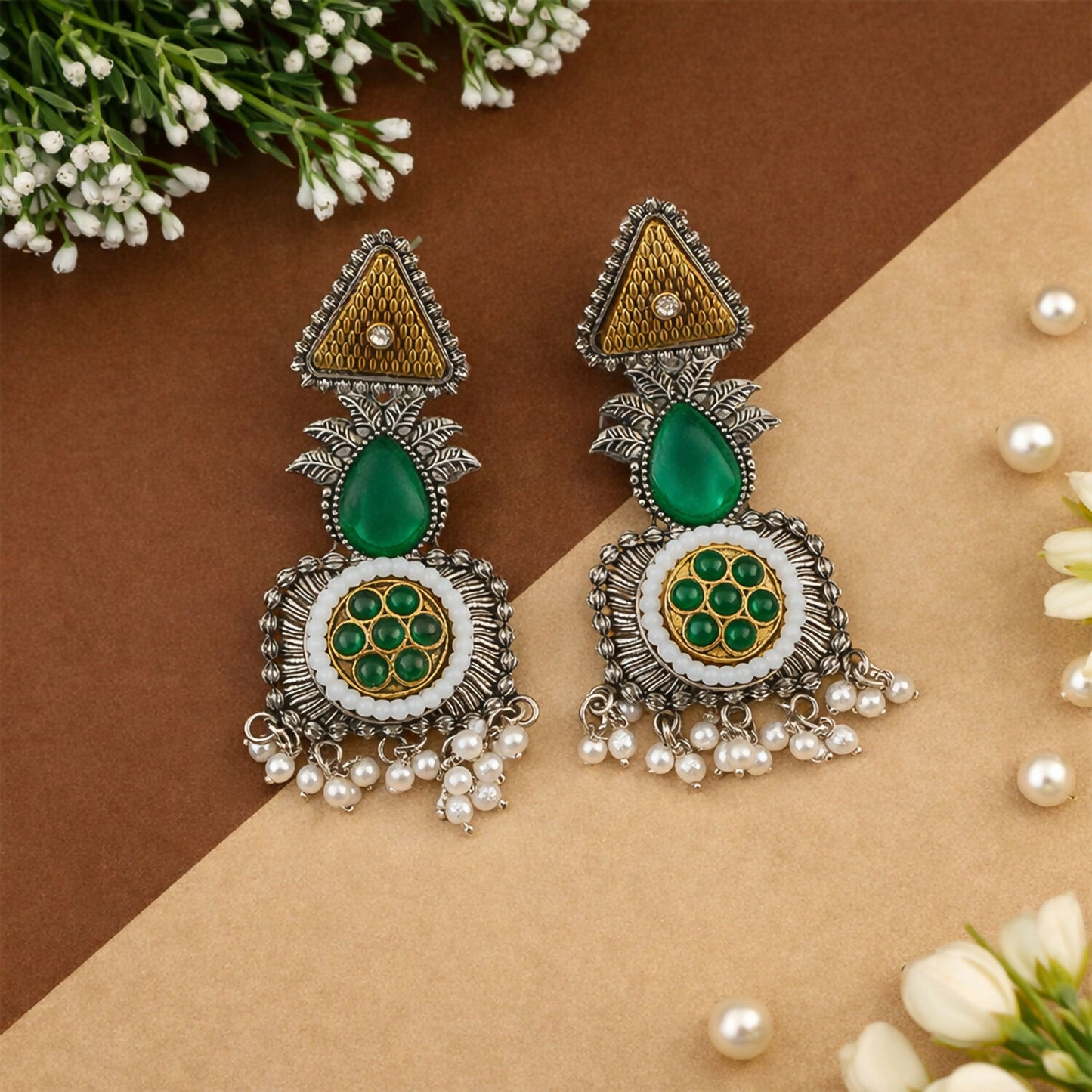 Elegant Oxidized Silver Earrings with Green Stone & Pearl Drop Fringe