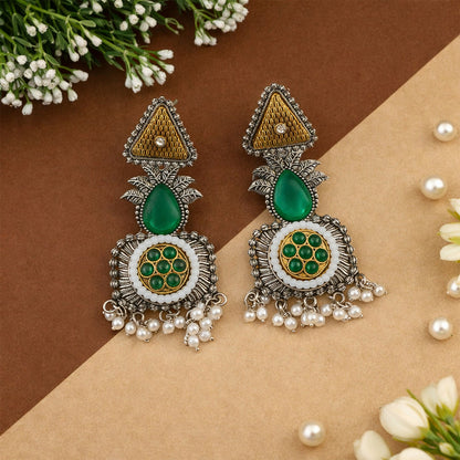 Elegant Oxidized Silver Earrings with Green Stone & Pearl Drop Fringe