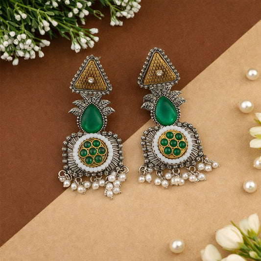 Elegant Oxidized Silver Earrings with Green Stone & Pearl Drop Fringe