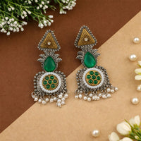 Elegant Oxidized Silver Earrings with Green Stone & Pearl Drop Fringe