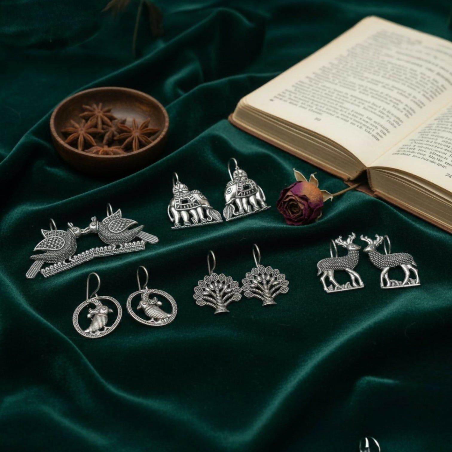 Oxidized silver bird and elephant motif earrings set