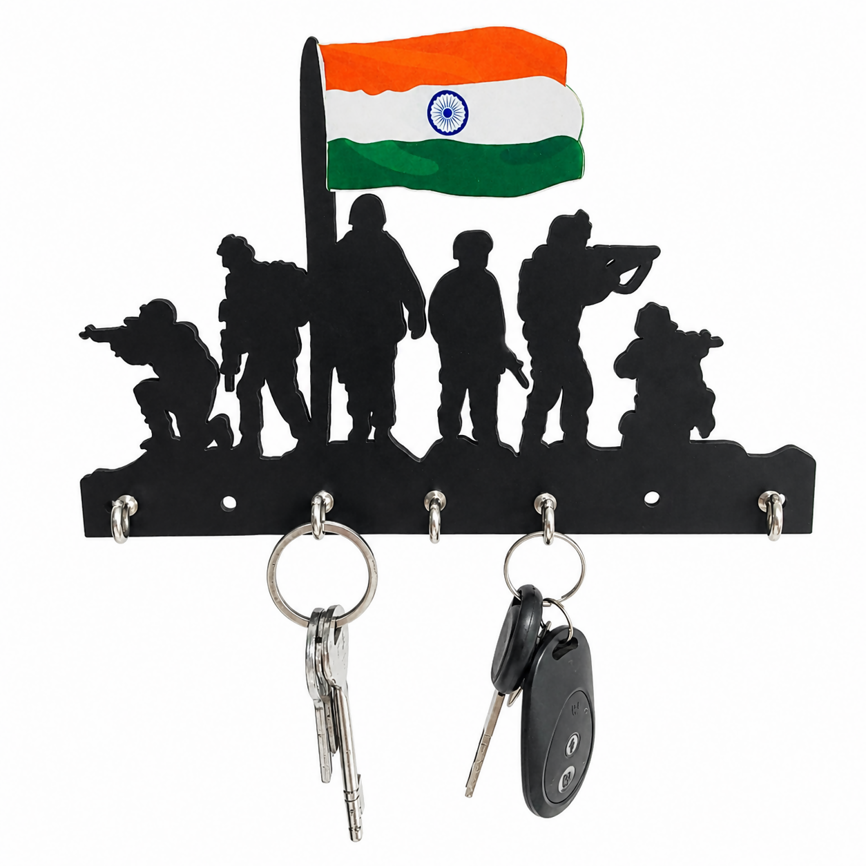 Close-up of Indian Army logo and tricolor flag on metal key holder