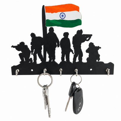 Close-up of Indian Army logo and tricolor flag on metal key holder