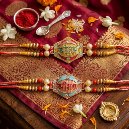 Two designer Rakhis with pearl beads and gold and rose gold finish, one with a green center and one with a blue center, on a