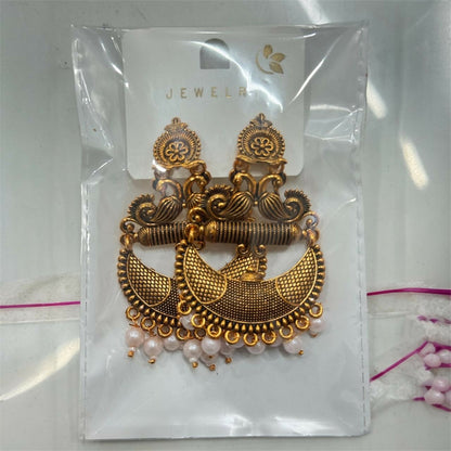 Antique Gold Tribal Chandbali Earrings with Pearl Drops & Peacock Motif