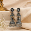 Radha Krishna Oxidized Silver Long Jhumka Earrings with Temple Design for Women