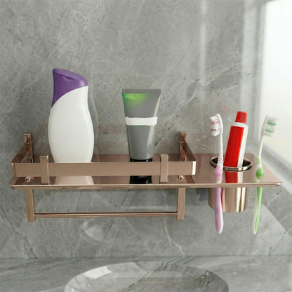 Premium Stainless Steel Wall Mounted Bathroom Shelf with Towel Rod & Toothbrush Holder