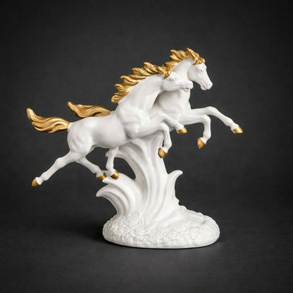 Running Horse Pair Showpiece for Home Decor | White & Gold Finish