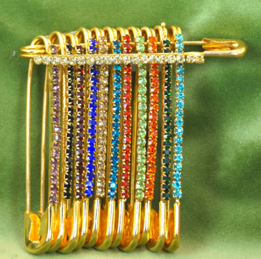 Gold Crystal Safety Pin Brooch - Fan Design Diamond Effect Scarf Clip