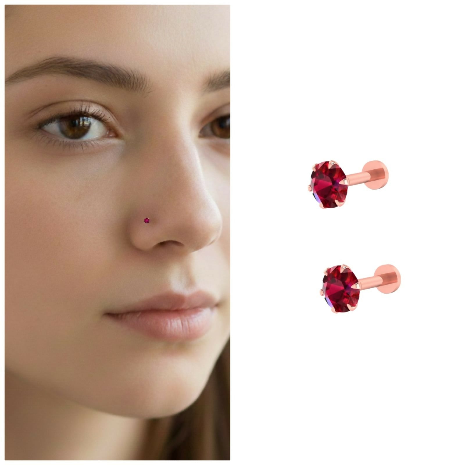 Front view of rose gold plated ruby nosepin stud showcasing vibrant ruby gemstone