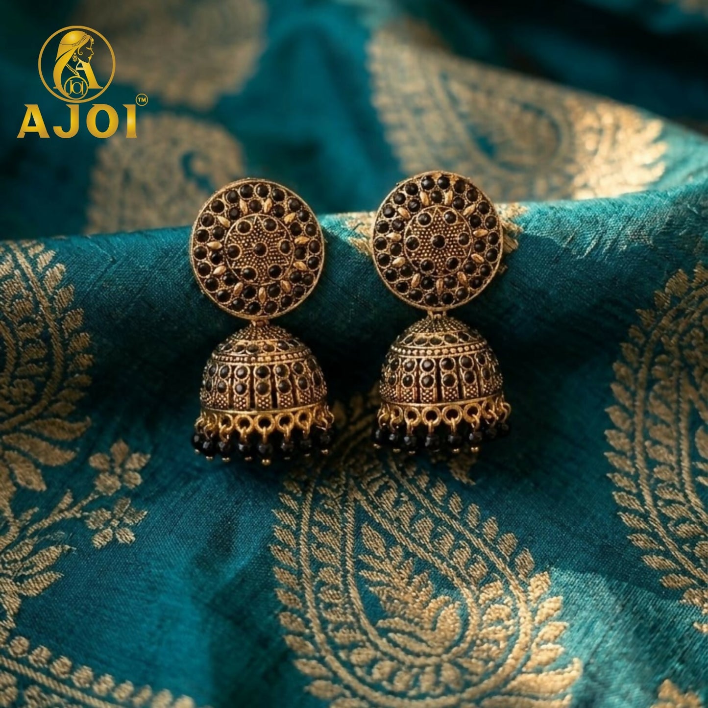 Antique Gold Black Stone Jhumka Earrings Traditional Ethnic Design
