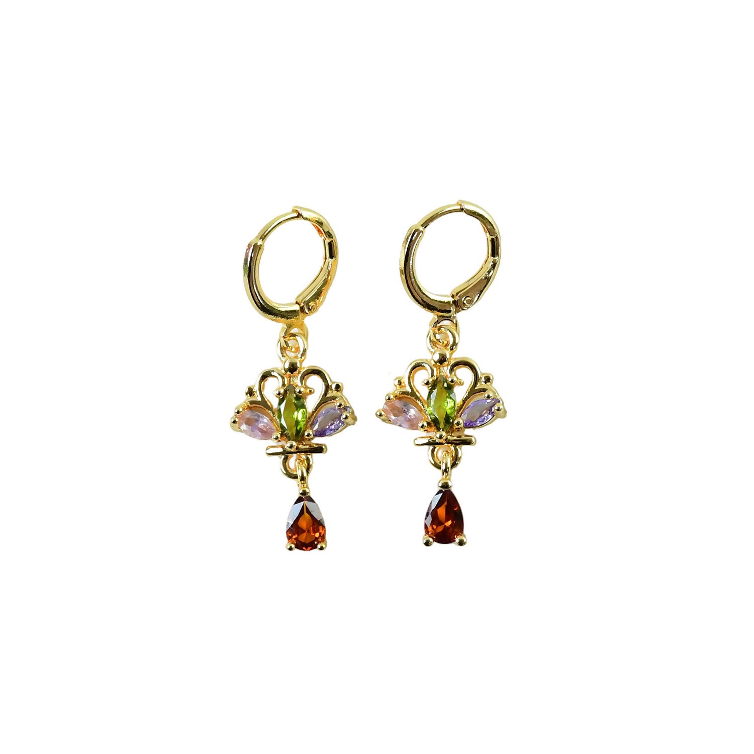 Royal Crown-Inspired Multicolor Crystal Dangle Earrings with Gold Hoop