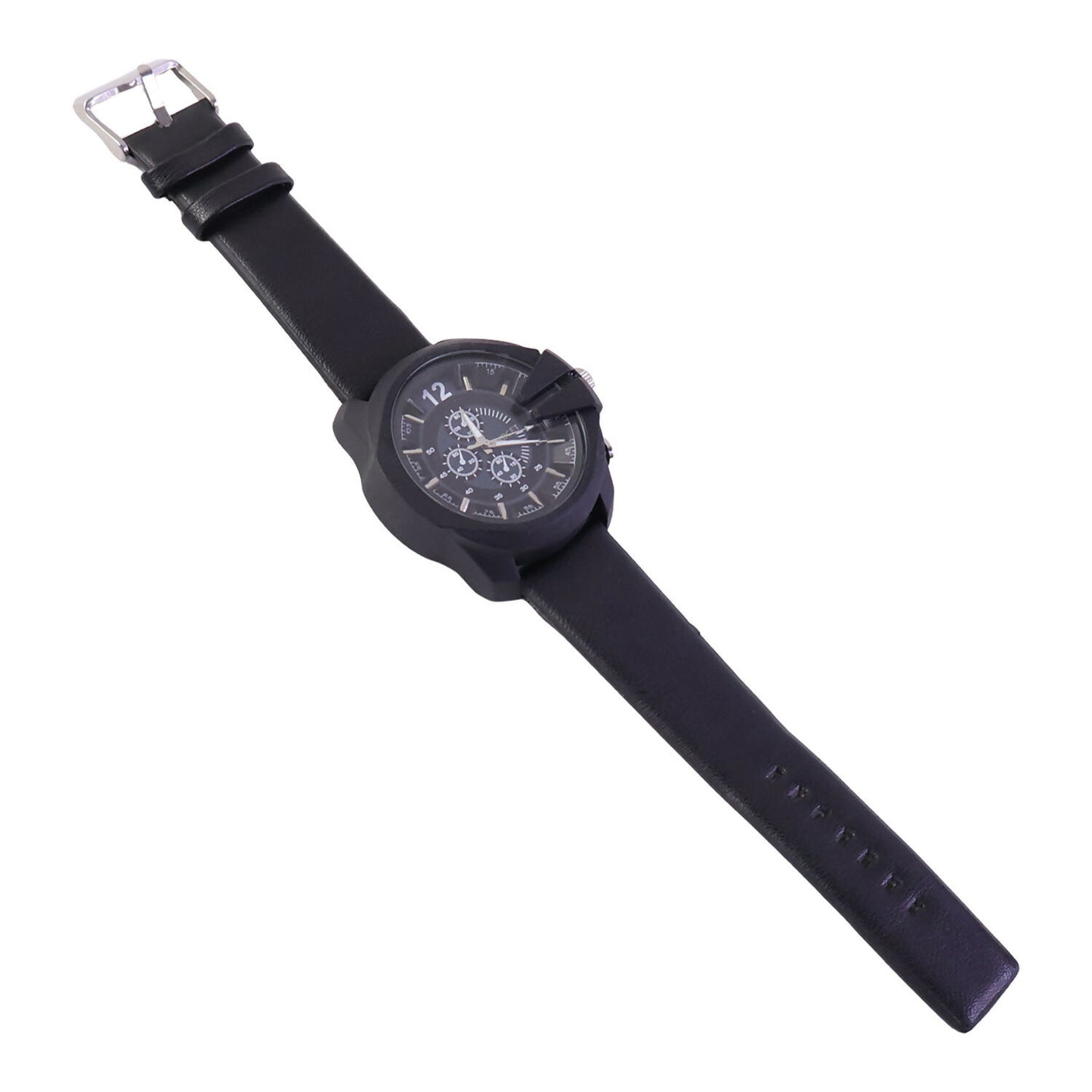 Bold Black Multi-Dial Chronograph Style Analog Wrist Watch with Protective Crown Guard & Leather Strap for Men