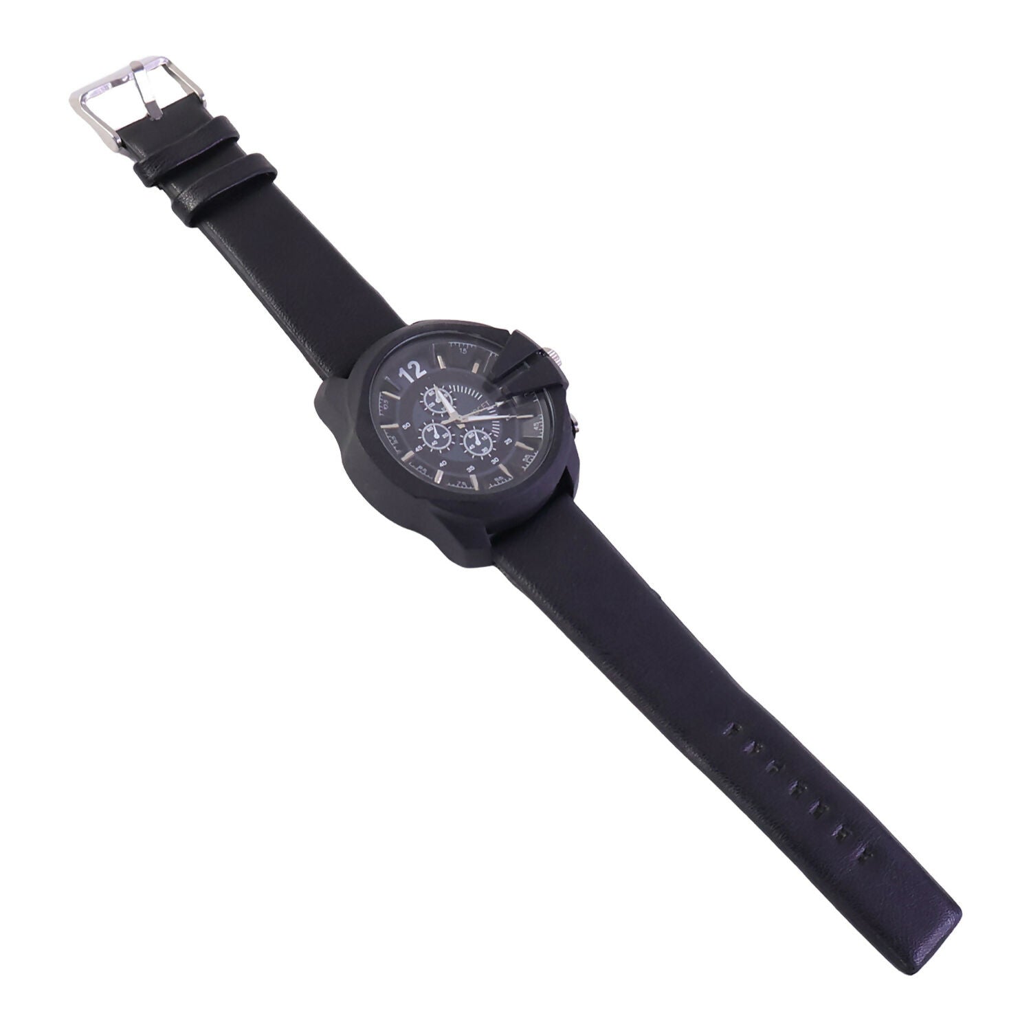 Bold Black Multi-Dial Chronograph Style Analog Wrist Watch with Protective Crown Guard & Leather Strap for Men