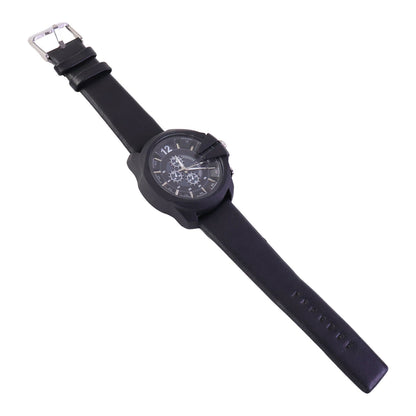 Bold Black Multi-Dial Chronograph Style Analog Wrist Watch with Protective Crown Guard & Leather Strap for Men
