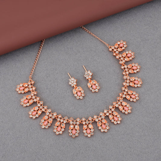 Rose Gold-Toned & Pink Petal Floral Jewellery Set