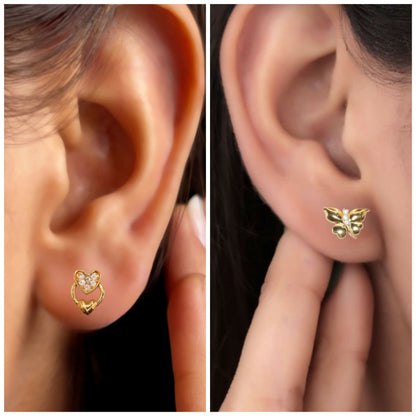Mini Gold Plated AD Stud Earrings Set: Heart & Butterfly for women & girls Combo Pack of 2