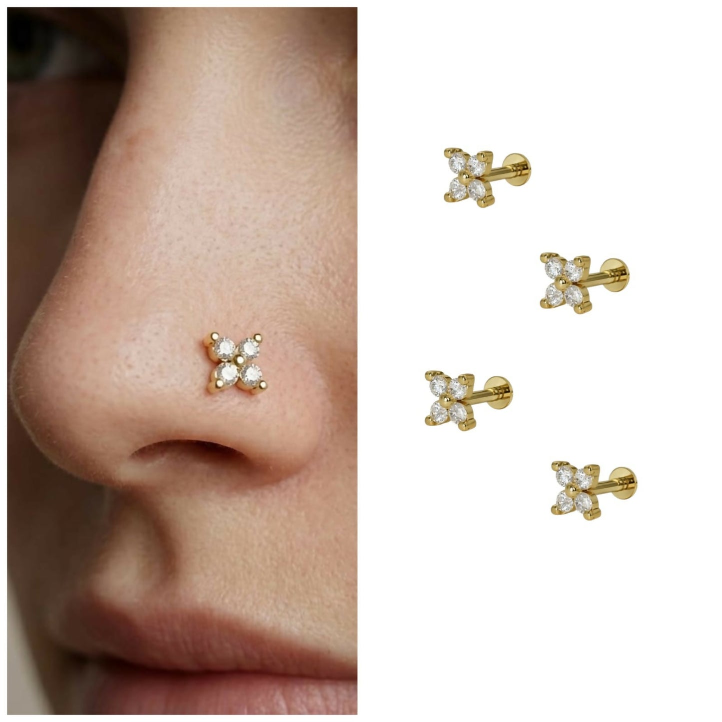 Gold plated clover flat back labret nosepin stud with sparkling cubic zirconia combo pack