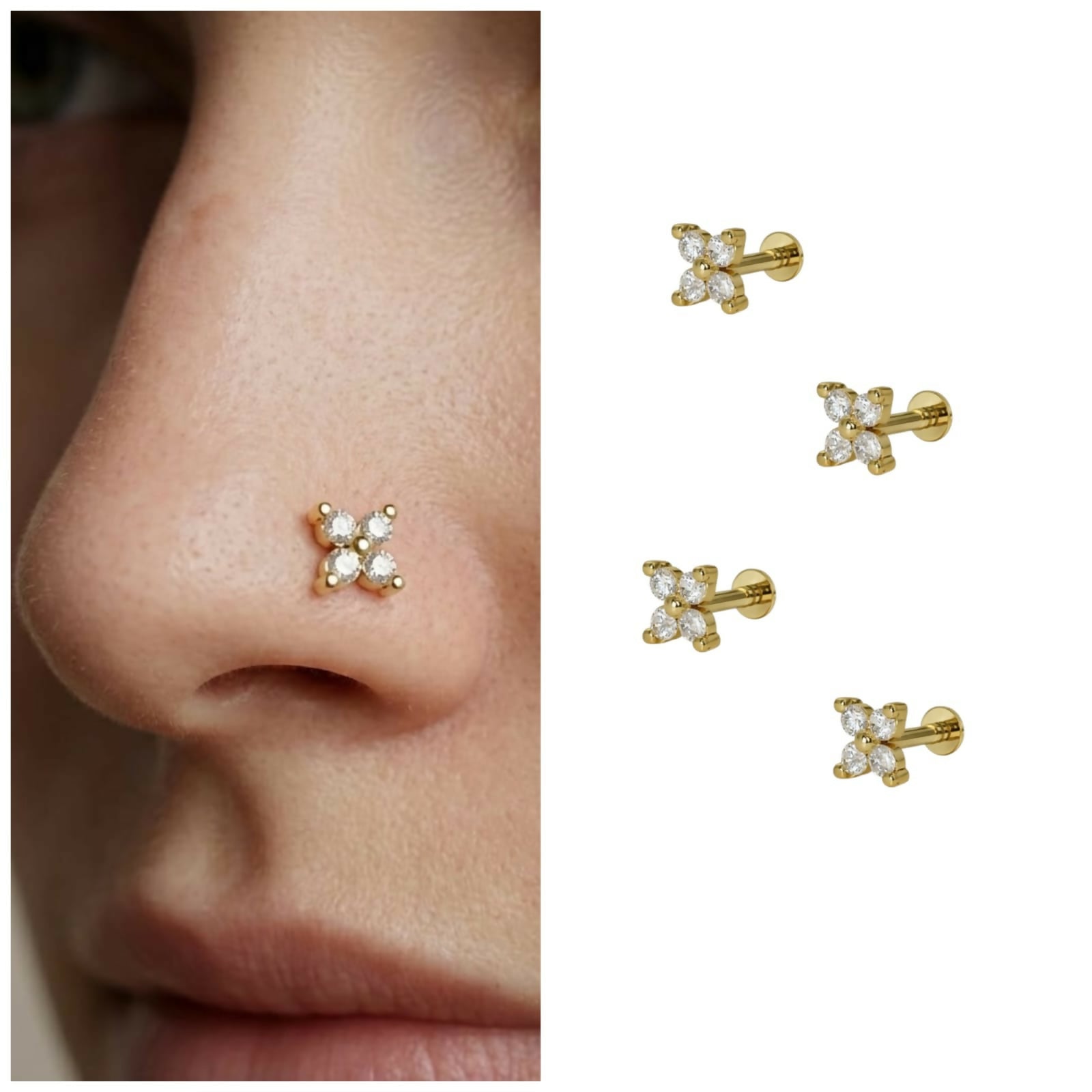Gold plated clover flat back labret nosepin stud with sparkling cubic zirconia combo pack