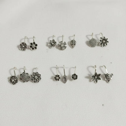 Oxidized Silver Traditional Floral Nose Pins Combo for Women & Girls (Pack of 15)