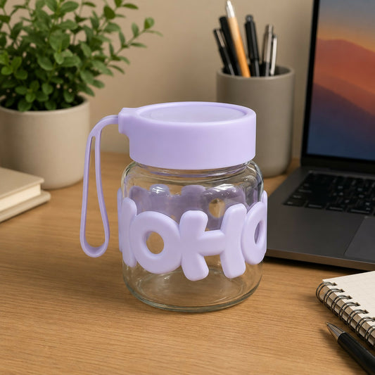 Glass Water Bottle with a grey silicone sleeve and black carry strap lid on a white background.