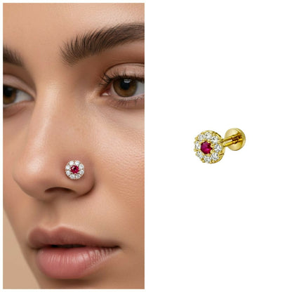 Ruby & AD Floral Gold plated Flat Back Nose Pin stud for women and girls