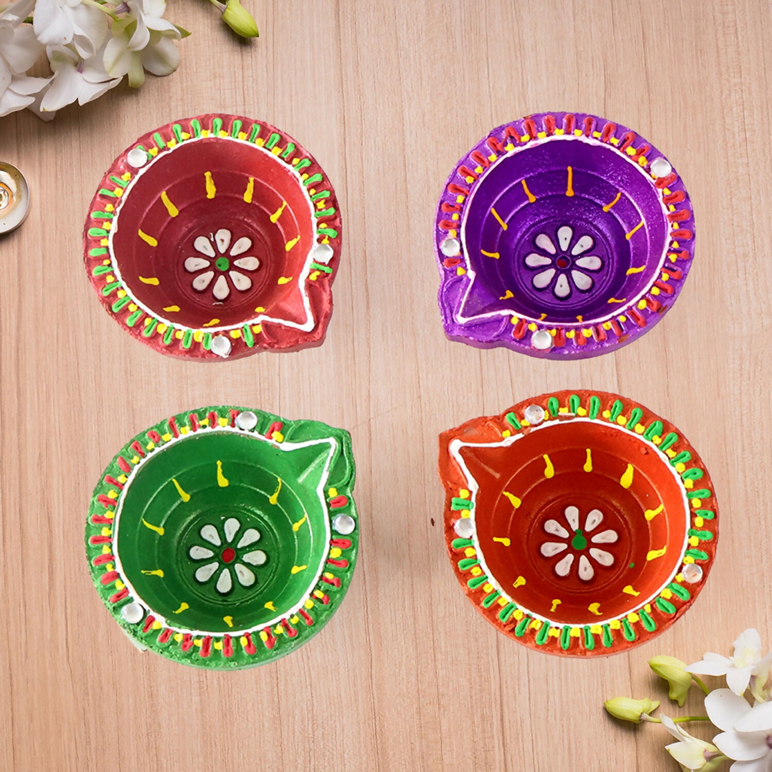 Handcrafted Multicolor Mix Diya Set of 4 – Round Flower Pattern Oil Lamps for Diwali, Pooja & Festive Decoration (Mix Design)