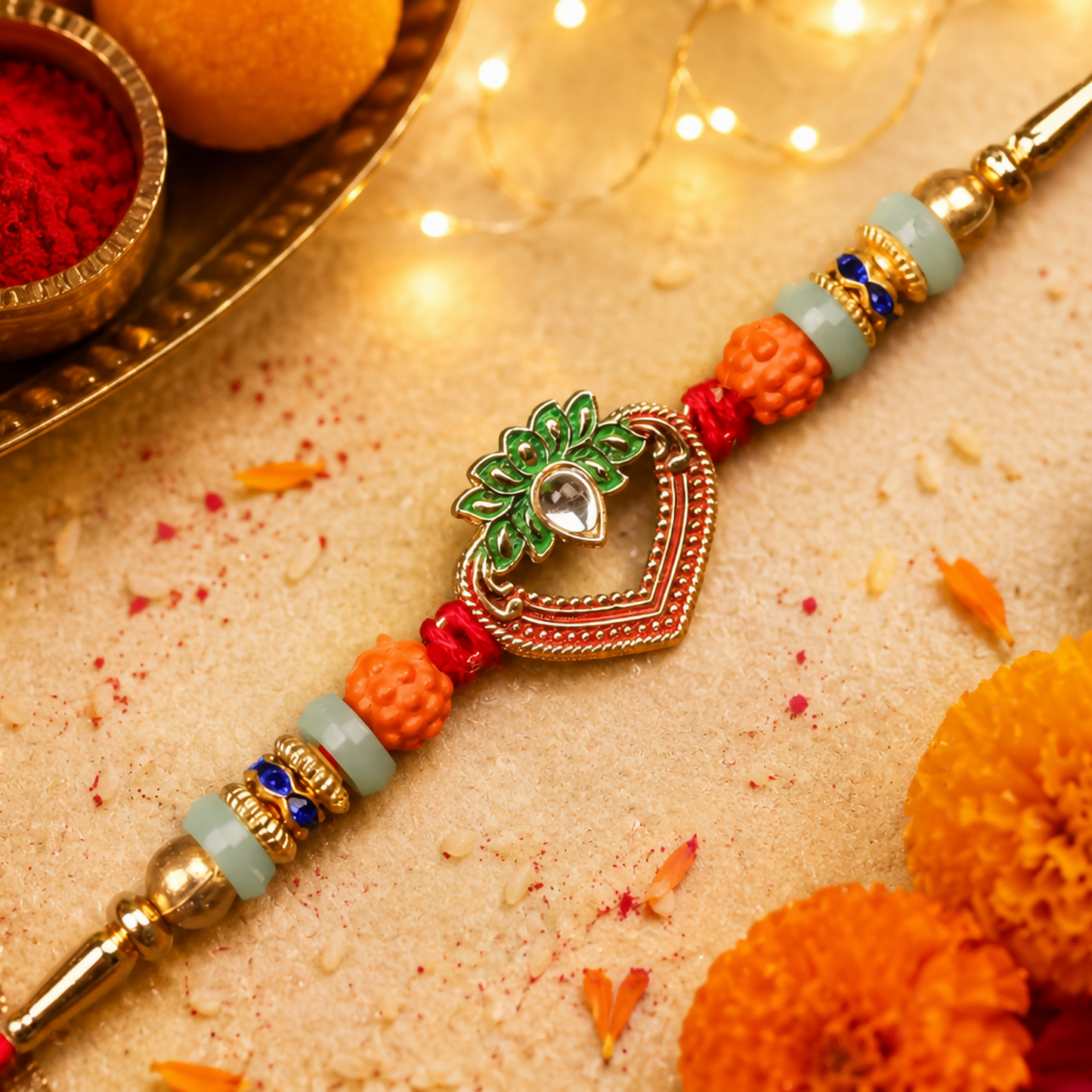 The red and gold bracelet with a heart charm and colorful beads is displayed on a textured gold surface with scattered red