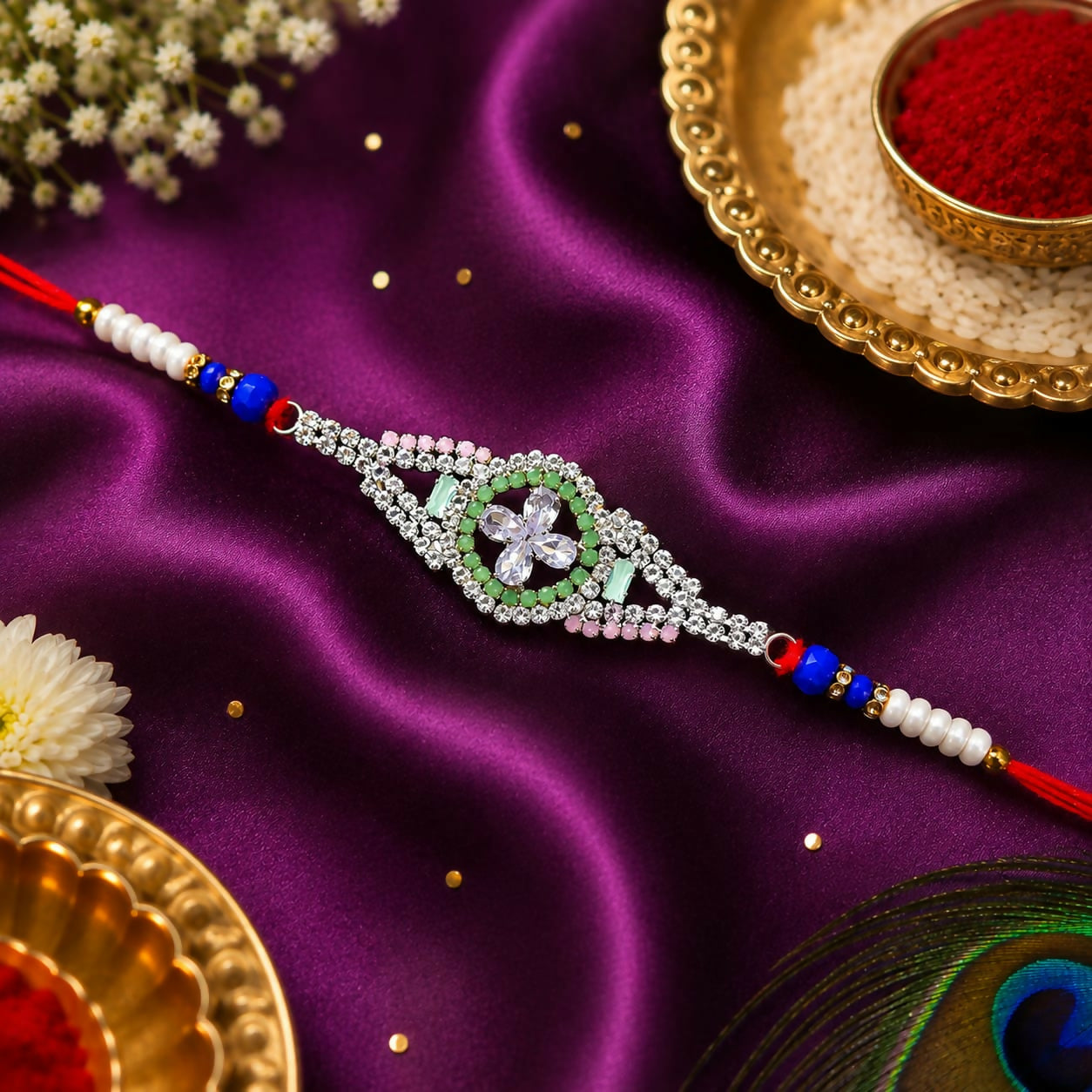 A decorative bracelet featuring a central silver flower with colorful crystals, flanked by white and blue beads on a red