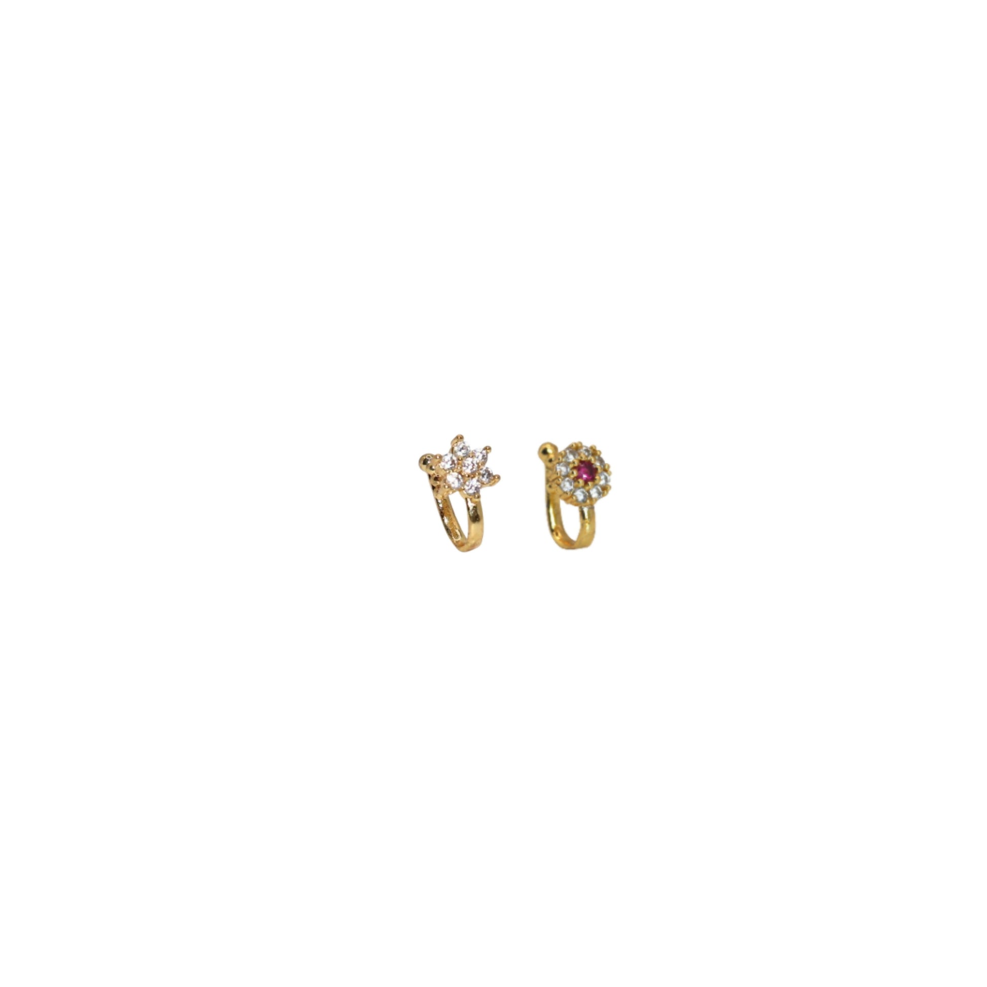 Gold-plated flower Nath with ruby center and clear cubic zirconia accents non-piercing nose ring