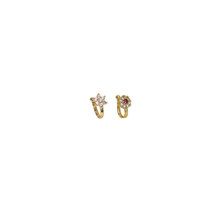 Gold-plated flower Nath with ruby center and clear cubic zirconia accents non-piercing nose ring