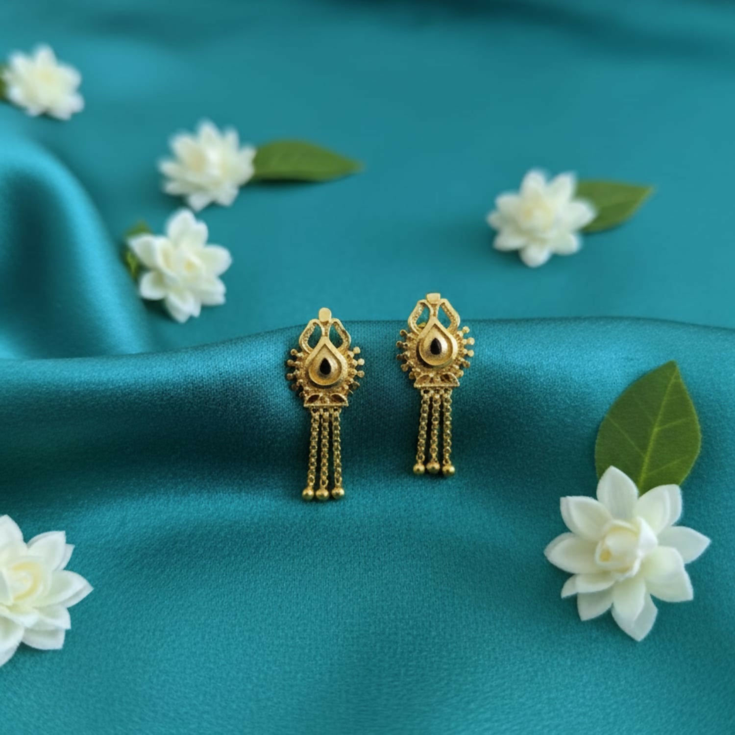 3 Line Golden Earrings showing intricate filigree and blue-green enamel work