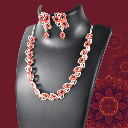 American Diamond Studded Floral Shaped Necklace With Earrings