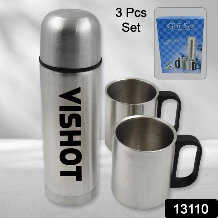 Customize Double Wall Stainless Steel Thermos Flask 500ml Vacuum Insulated Gift Set with Two Cups Hot & Cold, Stainless Steel, Diwali Gifts for Employees, Corporate Gift Item (3 Pcs Set)