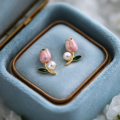 Luxury Pink Tulip Pearl Stud Earrings for Women & Girls – Gold Plated Floral Designer Earrings