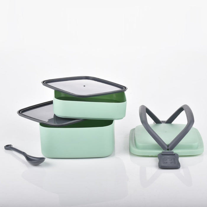 Customized GREEN DOUBLE-LAYER PORTABLE LUNCH BOX STACKABLE WITH CARRYING HANDLE AND SPOON LUNCH BOX , Bento Lunch Box