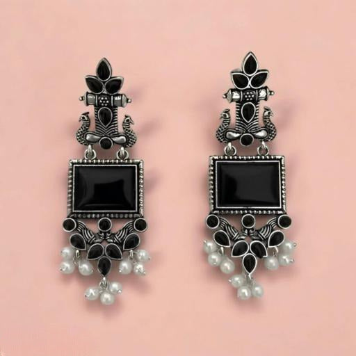 Oxidised Silver Peacock Earrings with Black Stones and Pearl Drops for Women Girls