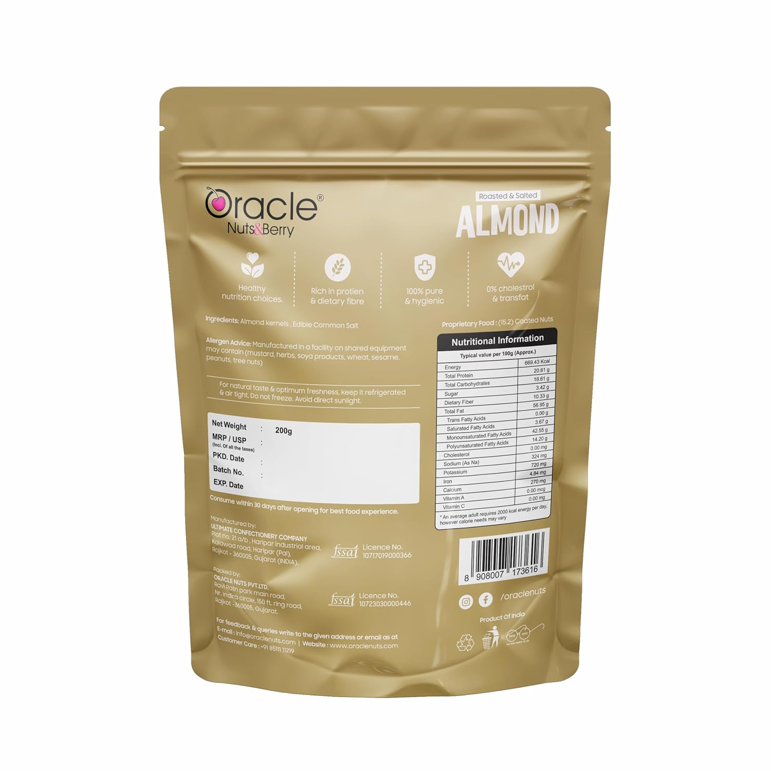 Oracle Roasted & Salted Premium Almonds Nutritious Dry Fruits Snack (200gm)