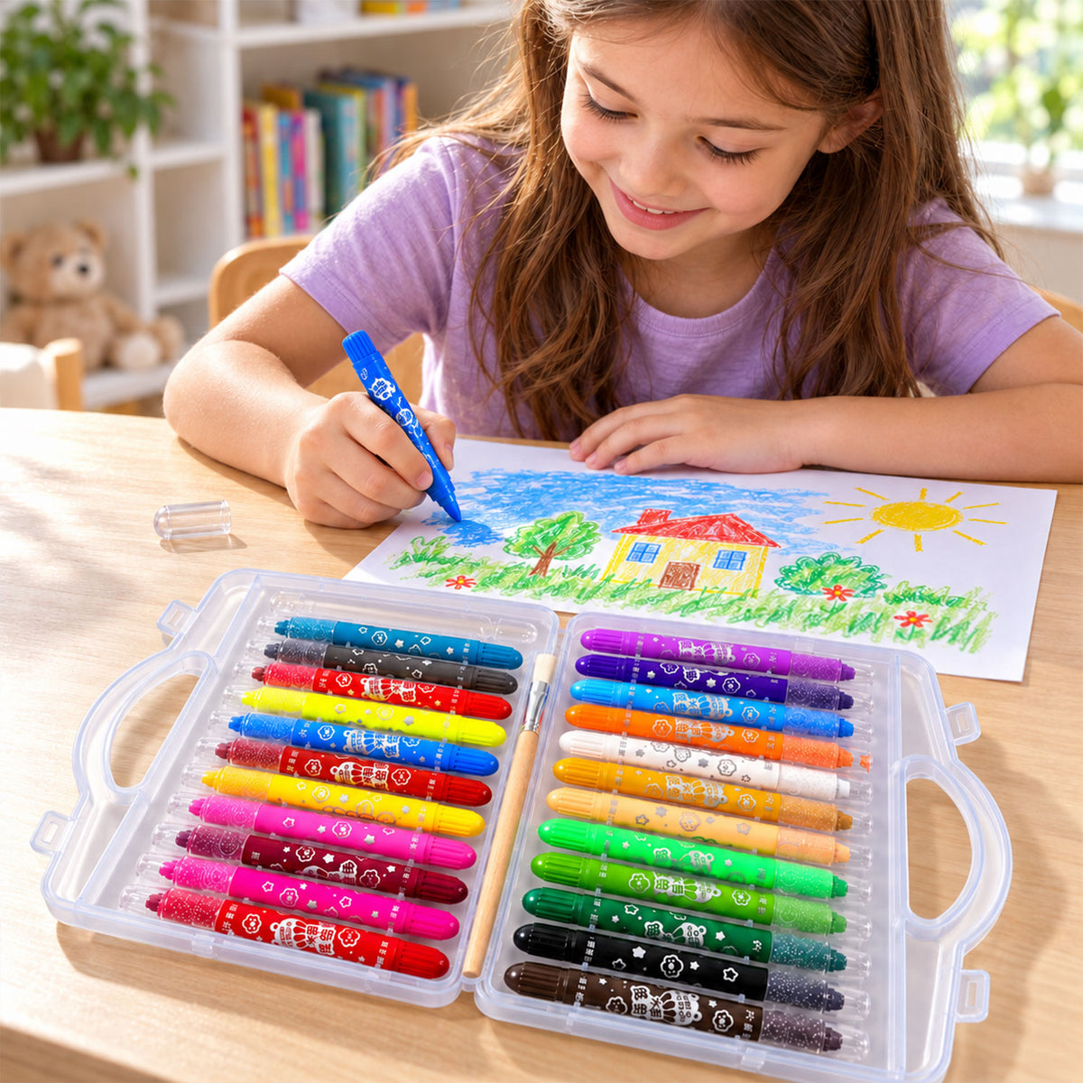 Twist-Up Water-Soluble Colour Crayons with Brush and Carry Case (24 Pc)