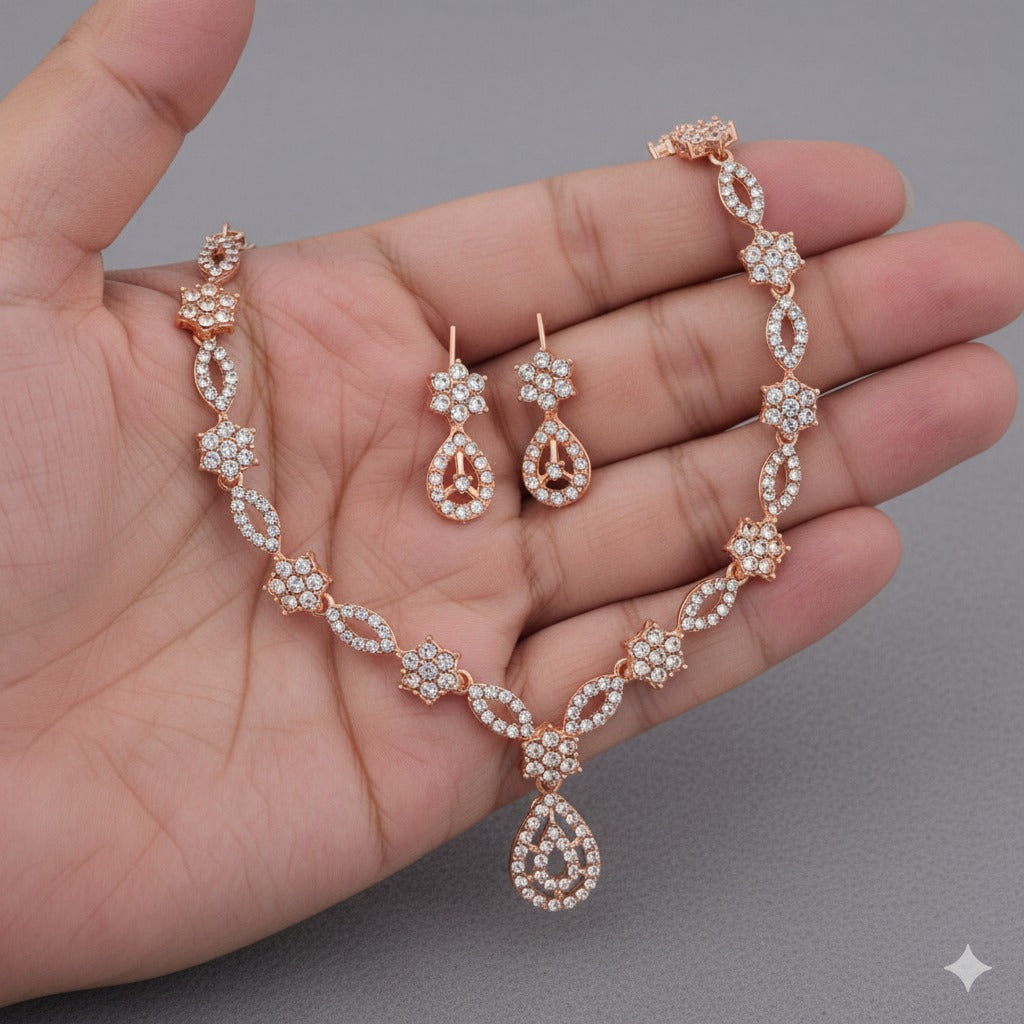 Elegant Crystal & Enamel Floral Link Necklace Set with Pearl Drop (Multiple Colors)