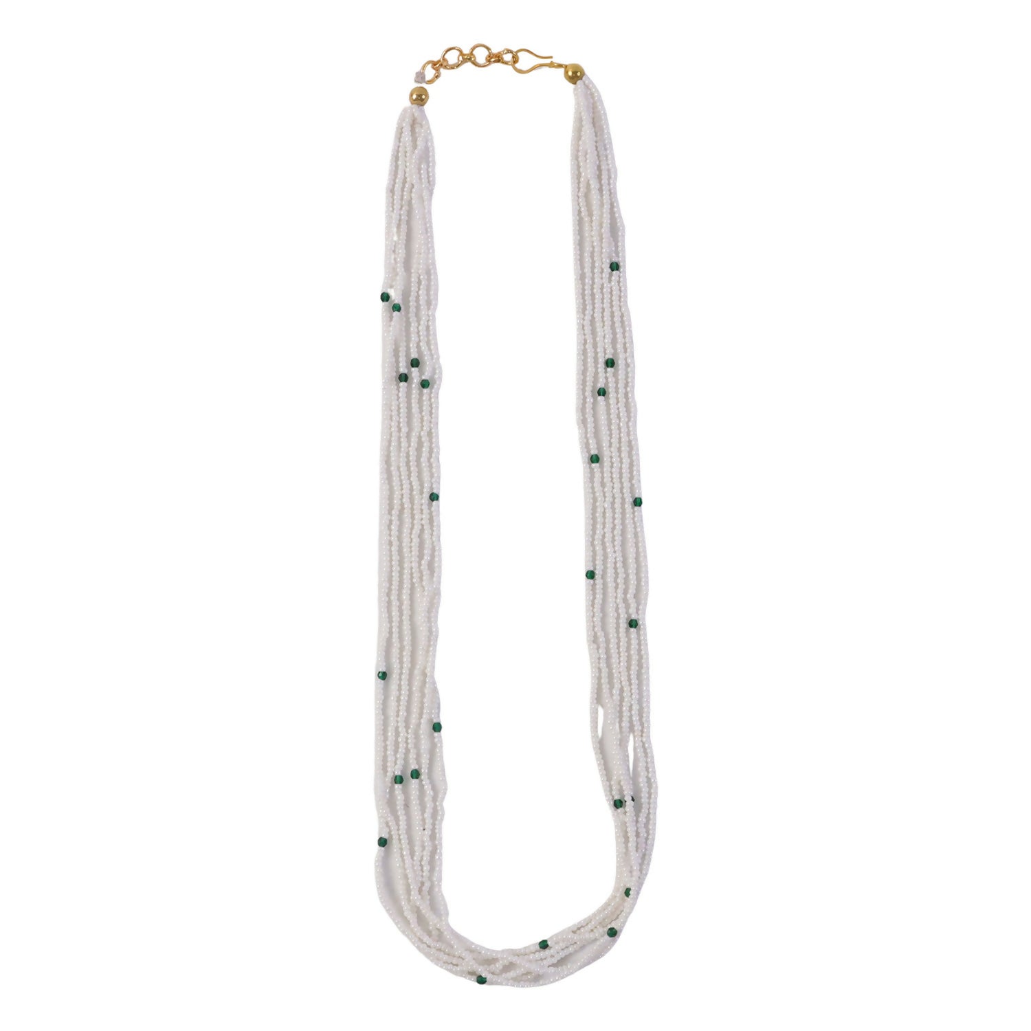 Side view showcasing layered pearl necklace design