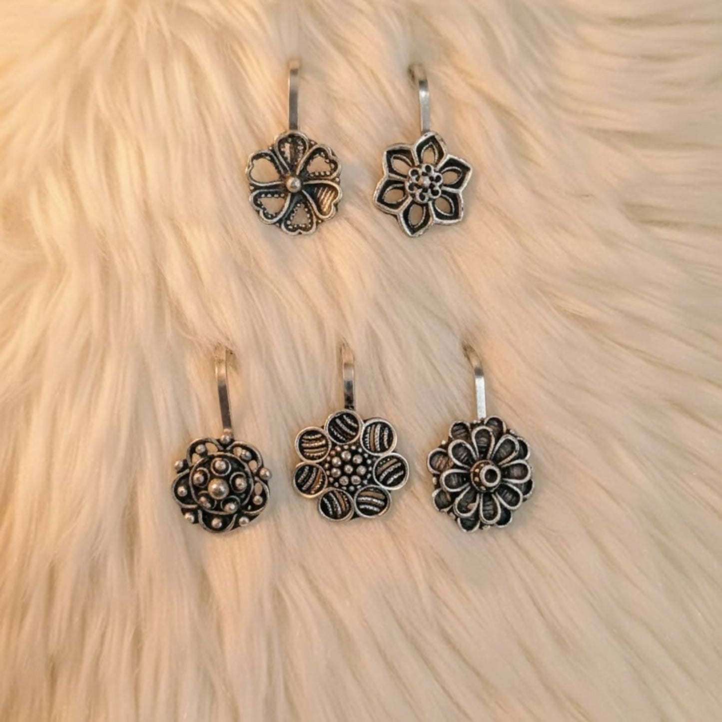 Vintage Style Oxidized Flower Nose Pins for Women & Girls – Set of 5