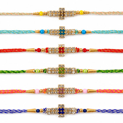 Cross Motif Stone Band Rakhi for Brother Gifting (Pack of 6)