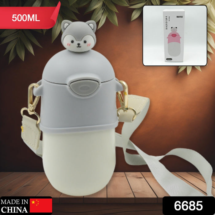 6685 Water Bottle 500ml With Dori and Hook Easy to Carry & Straw Cartoon Vacuum Flask Thermal Stainless Steel Portable Sealed Bear Water Bottle for Gifts Water Bottle for Gifts for Outdoor/ Office/Gym/School (500 ML)